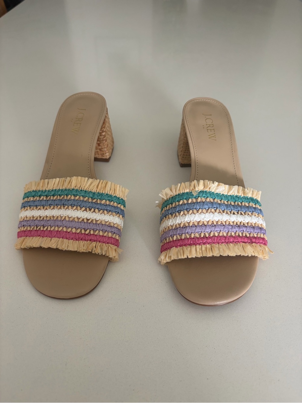 J. Crew Tan Raffia-Strap Block Heel Mules with Multicolor Stripes
